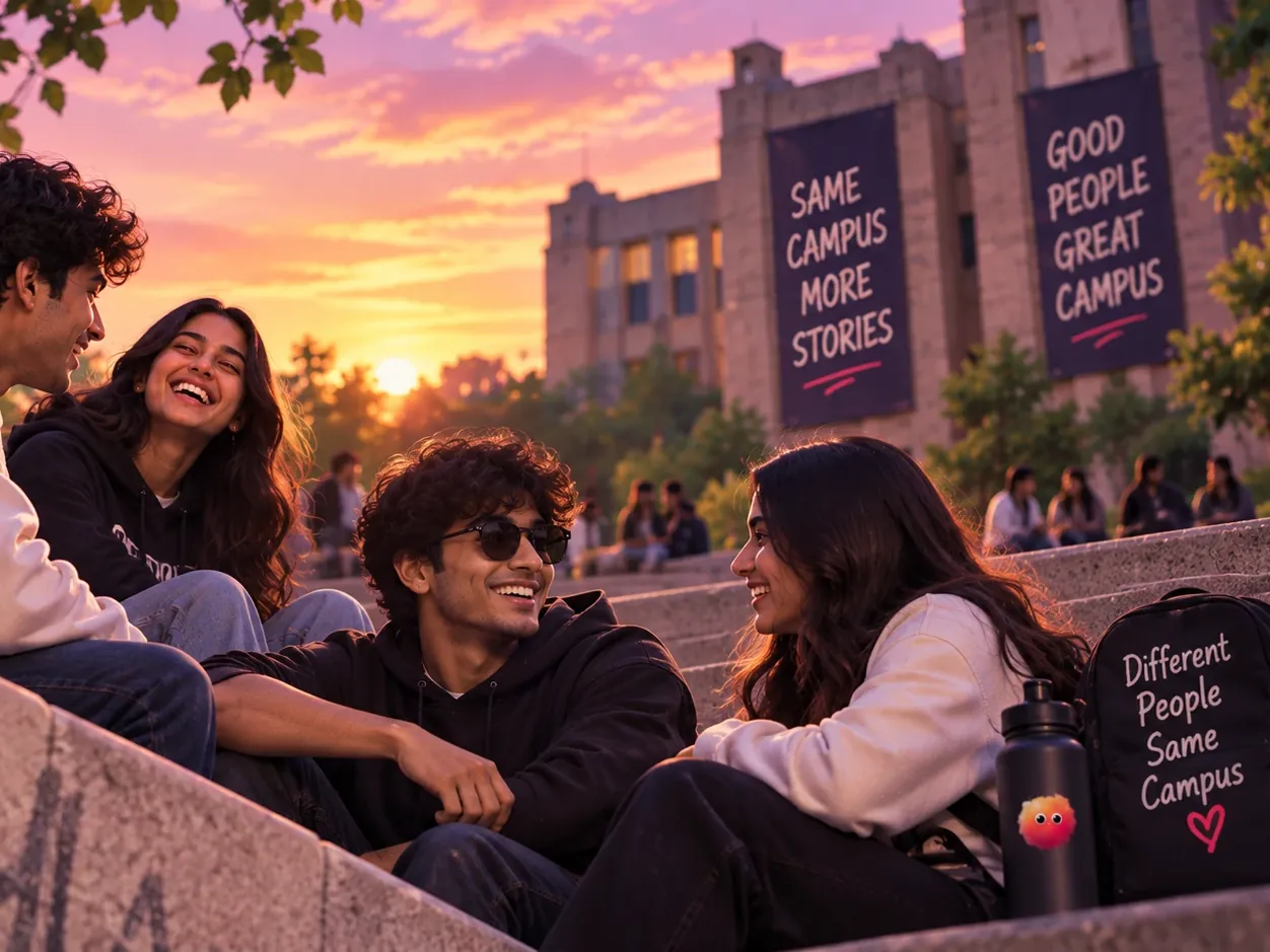 Four college friends laughing together on the campus steps at sunset, under banners that read Same Campus More Stories and Good People Great Campus.